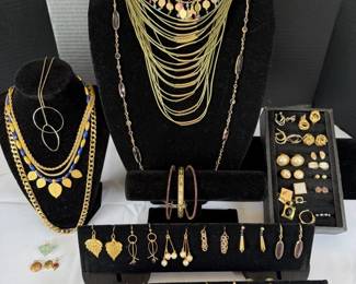 Gold Tone Necklaces, Pierced Earrings, Bracelets and Ring no markings