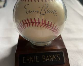 001 Ernie Banks Signed Baseball on Stand With Name Plaque