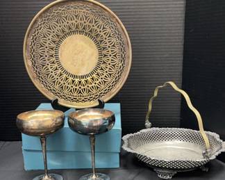 Silver Plate Gobblets, Basket, Tray