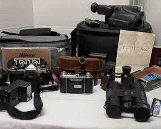 Vintage Kodak Camera, Nikon Camera, Proscan Cam Corder, Bushnell Binoculars,