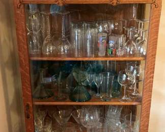 Vintage Curio Cabinet W Glassware Glasses,Margarita Glasses,Wine Glasses,Beer Glasses,Bowls More