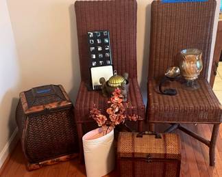 Two Wicker Chairs, Wicker Filing Cabinet, Wicker Enclosed Basket, And Home Furnishings