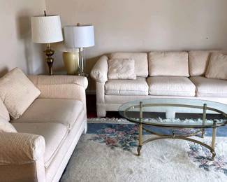 Matching 3 Cushion Sofa Loveseat, Glass Coffee Table, Glass Side Table, 3 Lamps