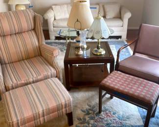 Two Vintage Chairs With Ottomans, Wooden Side Table 3 Lamps