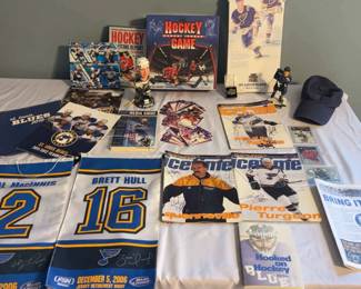 St.Louis Blues Memorabilia, Signed Icetime Magazines, MacInnis Bobblehead, Jackman Statue
