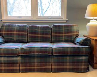 The Sofa Chair Company Couch, Yield House Side Table, Vintage alsy Table Lamp