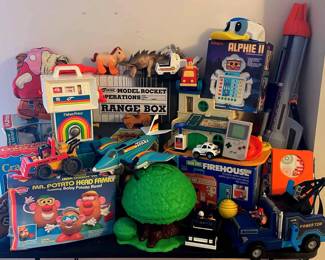 Variety Of Vintage Toys Mr. Potato Head,Alphie II,Sesame Street Firehouse,Model Rocket, Much More