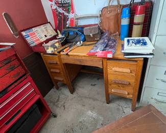 old wood desk in garage