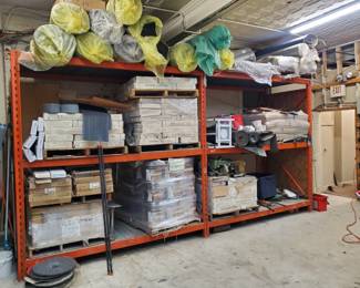 Warehouse Shelving, Rolls of Underlayment, Pallets of Bellavita Tile, Pallet of Flooring Adhesive