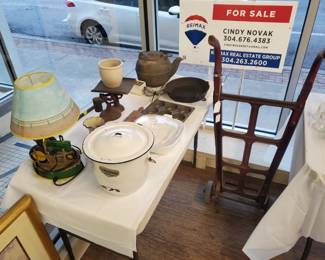Country Store Items: Cast Iron Skillet and Kettle, Scale, Tinware, John Deere Lamp, Beer Hand Cart, etc.