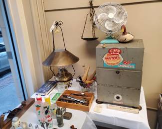 Stewart in-fra-red Hot Sandwich Heater and Hanging Brass Oil Lamp, MCM Turquoise Fan, Antique Wood Plane, Vintage Kitchenware