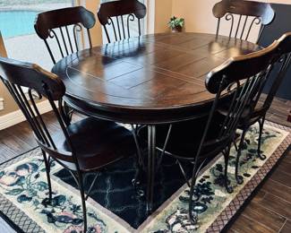 Brown Wood/Iron Dining Set. Table w/6Chairs Top Condition. 8 Pc. Total w/Leaf 64" x 45".