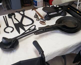 Antique scales, cookware etc