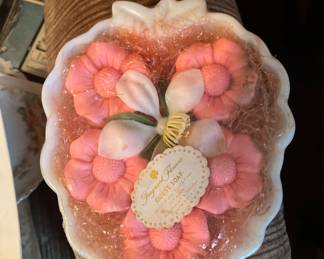 Pink Flower Guest Soaps in Milk Glass Dish. 