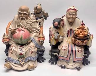 Chinese Glazed Ceramic Lucky Longevity Grandma & Grandpa Mudmen
