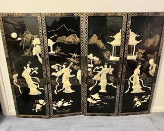 Set Of 4 Vintage Asian Black Lacquer & Mother Of Pearl Inlay