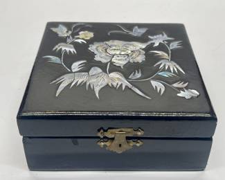 Vintage Black Lacquered Box with Mother of Pearl Inlay