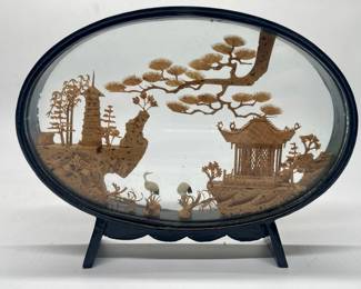 Vtg Chinese Carved Cork Diorama with Cranes
