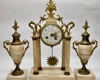 Antique Oh Lelong Melun 19th Century Neoclassical Style Brass and Marble Clock Garniture Set