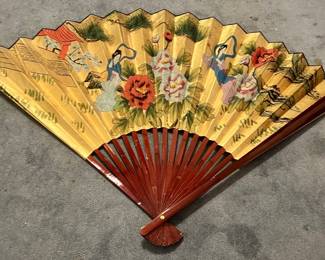 Large Asian Hand Painted Wood & Paper Folding Fan