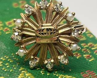 Vtg 10k Gold Ring w/ Cultured Pearls & Diamonds