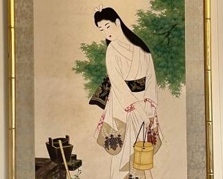 Vintage Framed Asian Watercolor Painting on Silk, Silk Painting