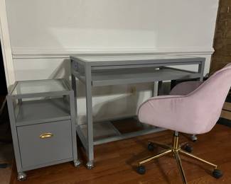 Desk, printer file cabinet, desk chair