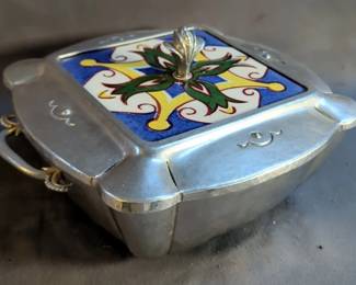 Celini Craft "Argental" Serving Dish With Glass Insert And Lid With Spanish Tile Inlay,