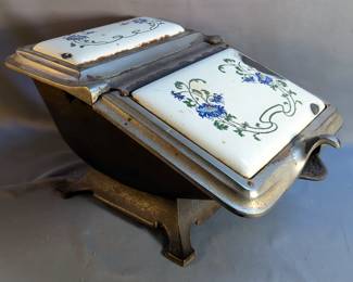 Antique Cast Iron Coal Scuttle With Painted Enamel Inlays