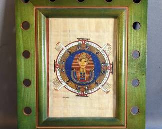 Hand Painted Papyrus With Pharaoh And Hieroglyphics Under Glass In Wood Frame