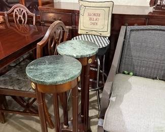 Marble top stands; Mahogany dining room suite; 