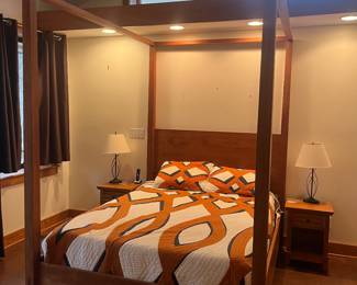 *Available for presale. Call for pricing.* Four poster teak wood bed frame with matching end tables. In perfect condition. 