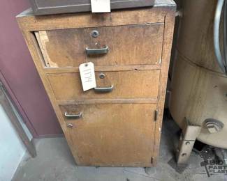 1174  Wooden Cabinet, Calipers, Paint Spray Gun, Master Locks, and Drill Bits