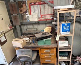 1028  Desk  Chair, Metal Shelf, Yard Stick