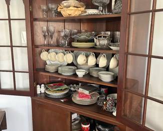 CHINA CORNER CABINET WITH UNPACKED GOODIES. 