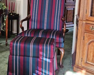 Gooseneck arm chairs (2) with matching ottomans