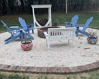 Adirondack Chairs, Bench, Pots