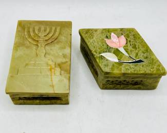 (2) Carved Stone Trinket Boxes, Judaica & Floral