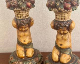 (2) Vintage Armor Bronze Company New York Cherub Candlesticks Fruit Basket MCM
