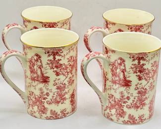 (4) Gold Trimmed Pink & Cream Floral Porcelain Mugs