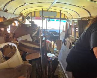 This is inside a bus full of Primitive Farmhouse Style Antique Wood Drcor