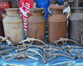 5 Milk Cans - Antique Gas Pump Nozzles Some are Brass