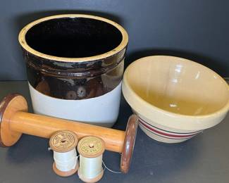 crock, mixing bowl, spools