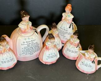 Enesco pink prayer lady tea set