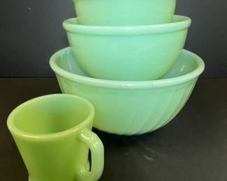 Jadeite mixing bowls and mug