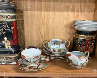 Japan Porcelain Kutani Sugar Creamer Cup & Saucers