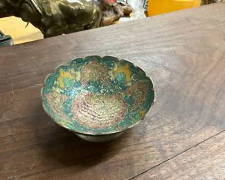 Brass Pedestal Bowl w/Enamel Painted Design
