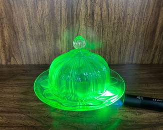 Vintage Green Uranium Glass, Lidded Butter Dish Anchor Hocking