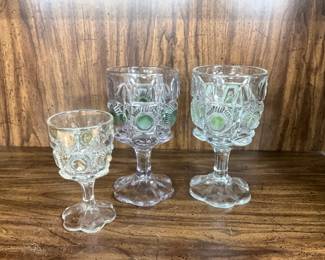 Set of 3 antique goblets, Early American Pattern Glass, Bullseye & Daisy Green/clear Newport Goblets, date back to 1909