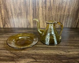 Vintage Hand - blown glass candlestick holder with an accompanying dish from the 1960s
